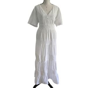 Women’s 1X White Boho Crochet Eyelet Lace Maxi Dress Cottagecore Bridal Resort